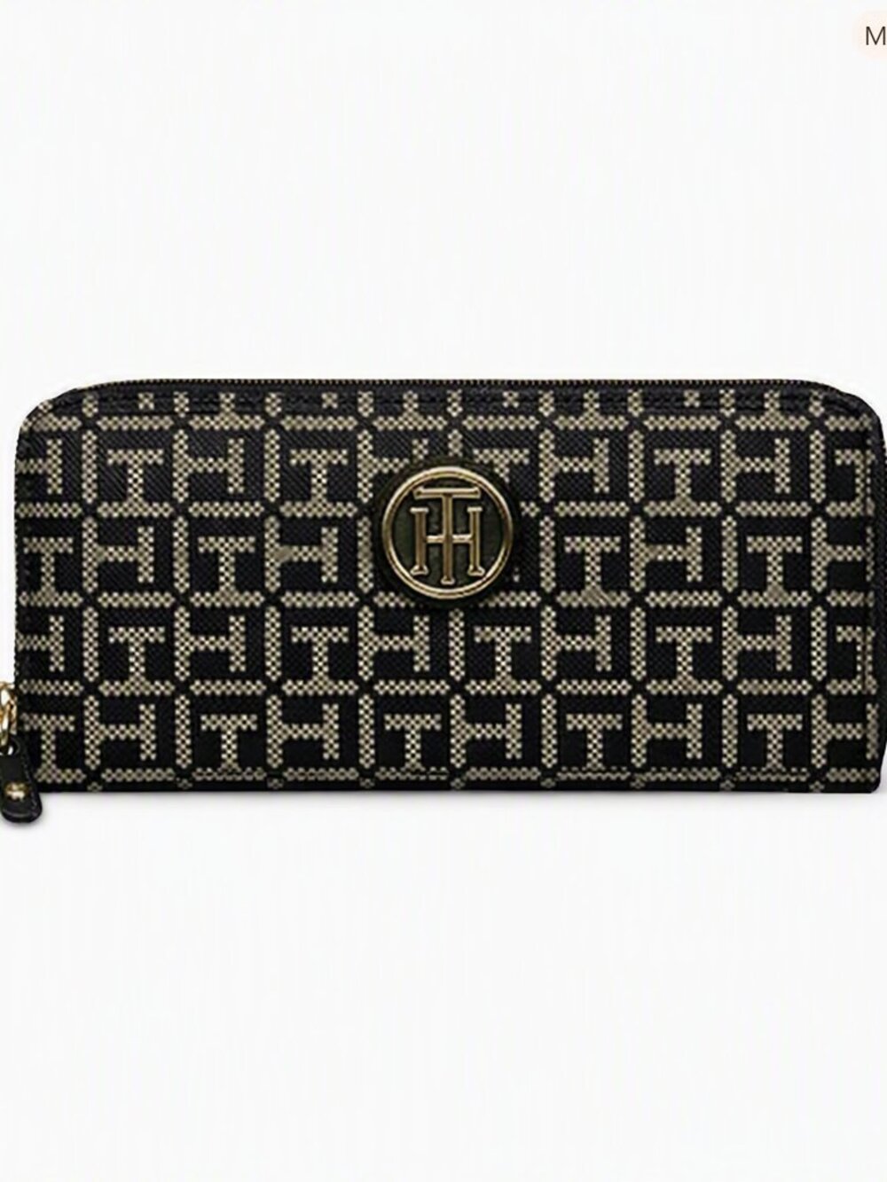 Tommy Hilfiger Zip Wallet Black Beige Logo Pattern TH Emblem Heritage Style